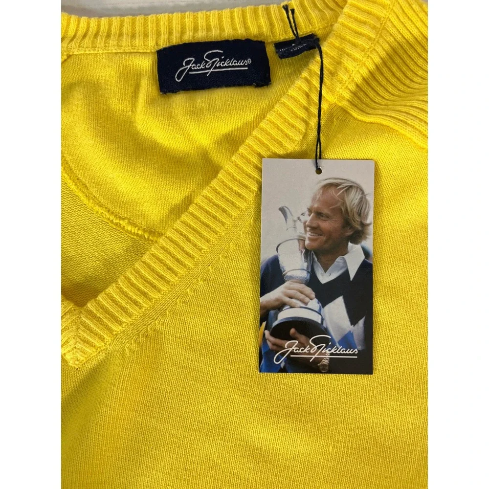 Jack Nicklaus Sweater Mens Medium Yellow V-Neck Golden Bear Golf Knit NWT